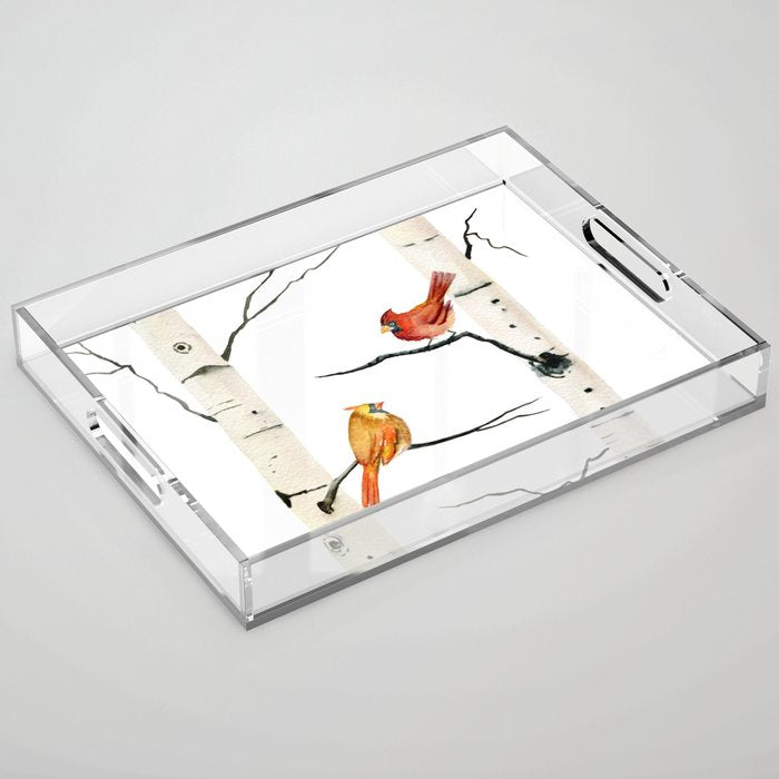 Cardinal Couple in Birch Trees Acrylic Tray Gallery Image 1