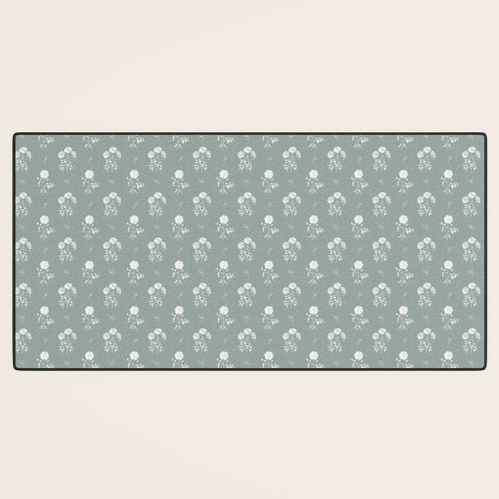 Green and White Vintage Block Print Floral Desk Mat Gallery Image 3