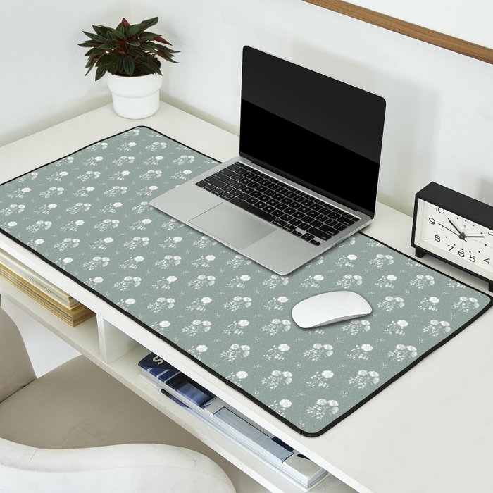 Green and White Vintage Block Print Floral Desk Mat Gallery Image 2