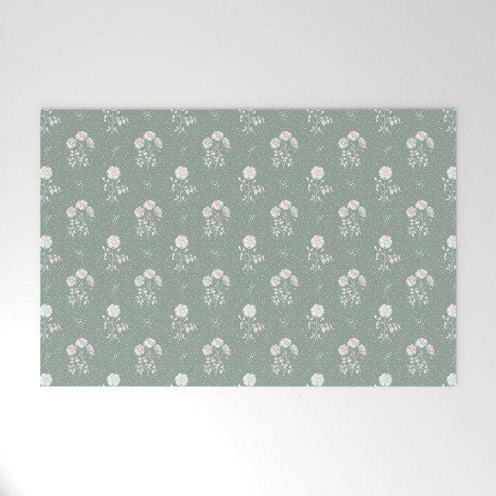 Green and White Vintage Block Print Floral Welcome Mat Gallery Image 1