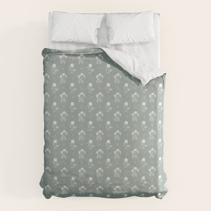 Green and White Vintage Block Print Floral Duvet Cover Gallery Image 6