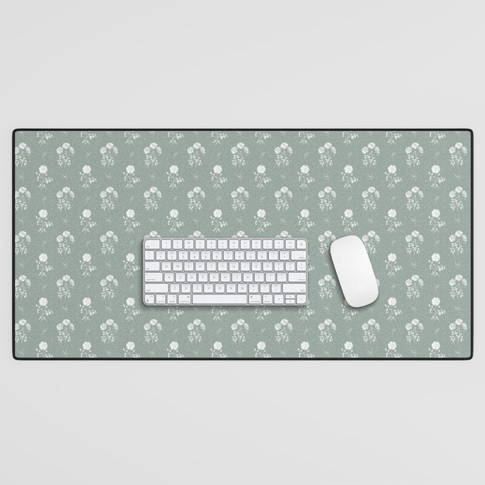 Green and White Vintage Block Print Floral Desk Mat Gallery Image 1