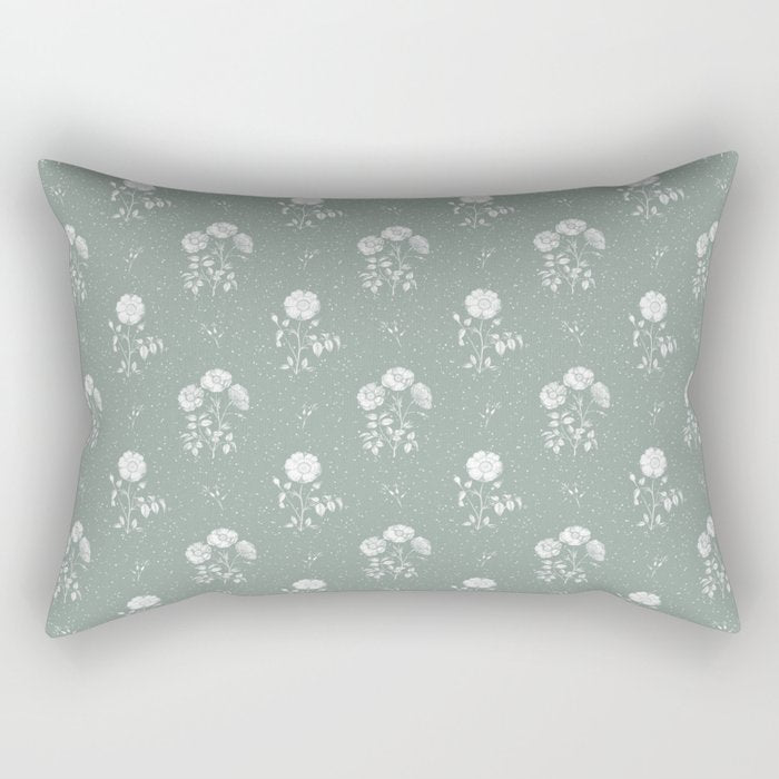 Green and White Vintage Block Print Floral Rectangular Pillow Gallery Image 2