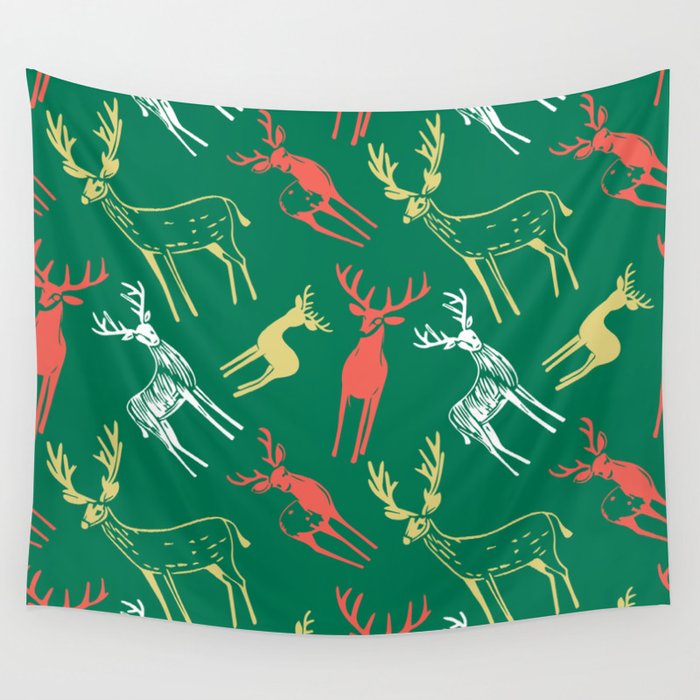 Green christmas reindeer animal pattern Wall Tapestry Gallery Image 1