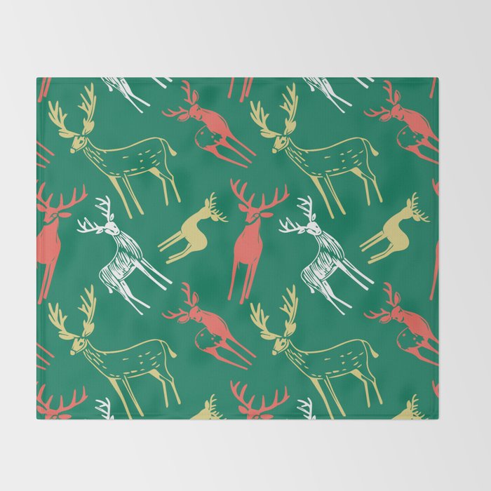 Green christmas reindeer animal pattern Throw Blanket Gallery Image 2