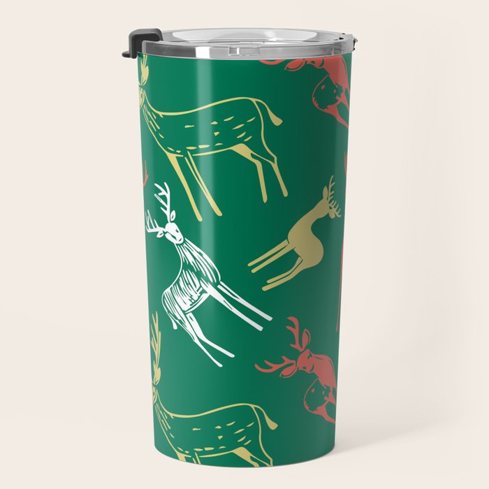 Green christmas reindeer animal pattern Travel Mug Gallery Image 3