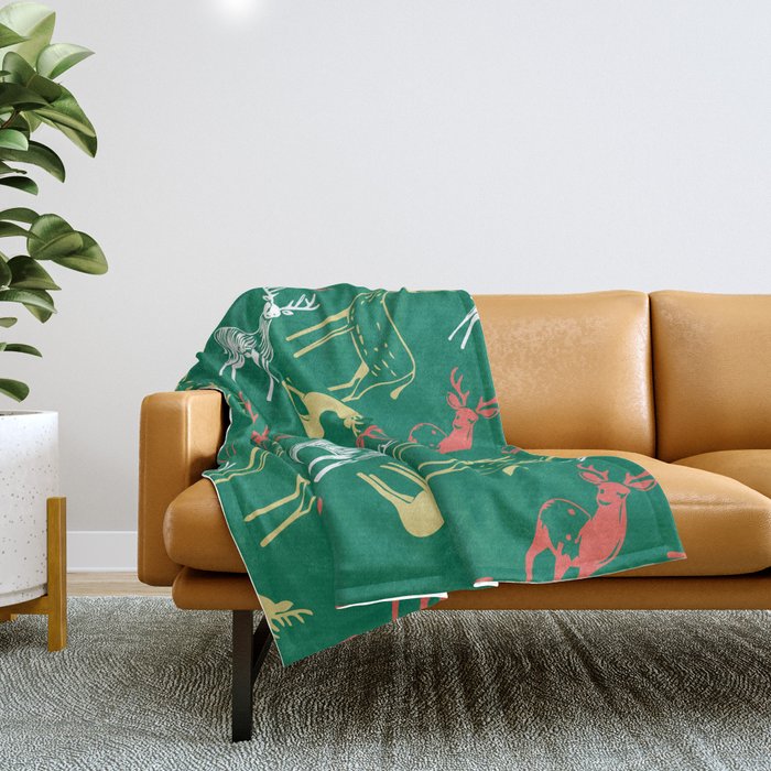 Green christmas reindeer animal pattern Throw Blanket Gallery Image 1