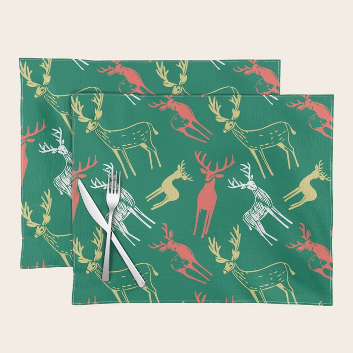 Green christmas reindeer animal pattern Placemat Gallery Image 1