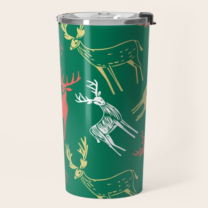Green christmas reindeer animal pattern Travel Mug Gallery Image 2