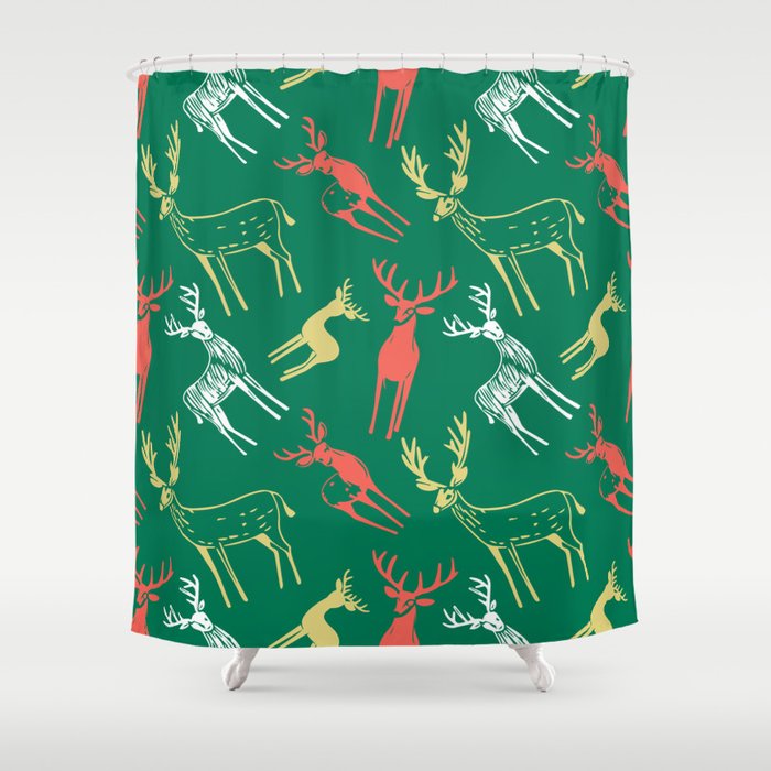 Green christmas reindeer animal pattern Shower Curtain Gallery Image 1