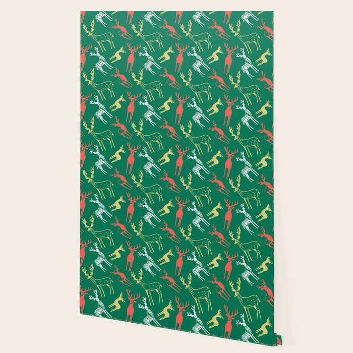 Green christmas reindeer animal pattern Wallpaper Gallery Image 2
