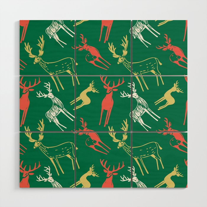 Green christmas reindeer animal pattern Wood Wall Art Gallery Image 1