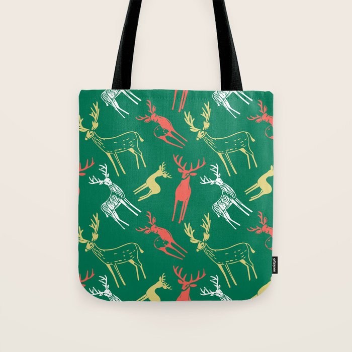 Green christmas reindeer animal pattern Tote Bag Gallery Image 1