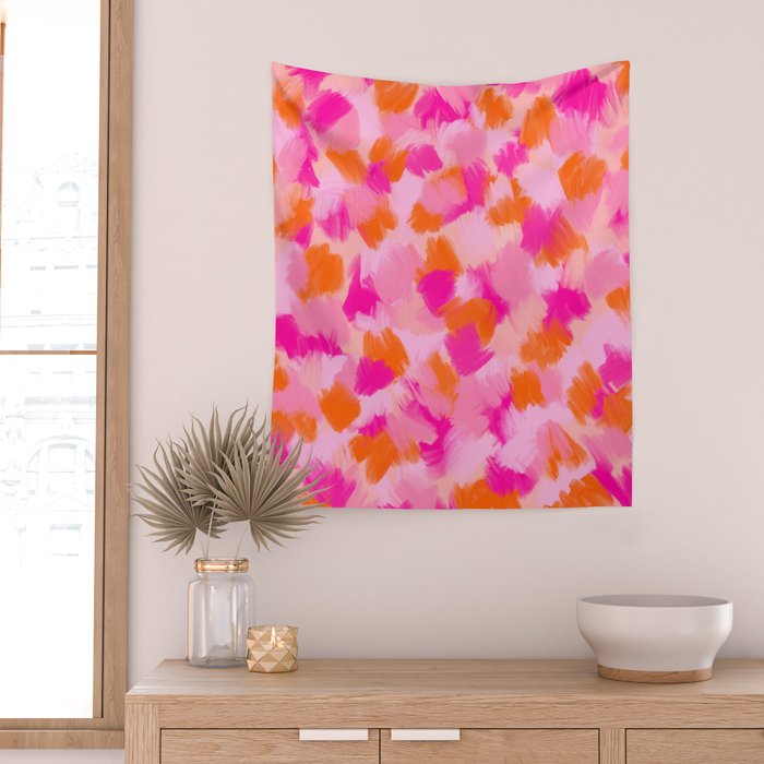 Pink and Orange Abstract Pattern Brushstrokes Wall Tapestry Gallery Image 2