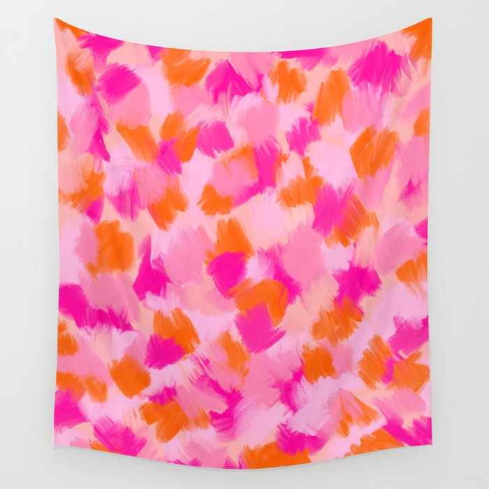 Pink and Orange Abstract Pattern Brushstrokes Wall Tapestry Gallery Image 4