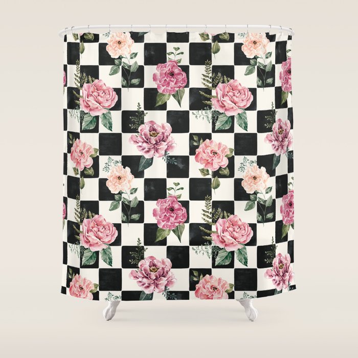 Moonlit Hollow Vintage Checkered Floral Shower Curtain Gallery Image 1