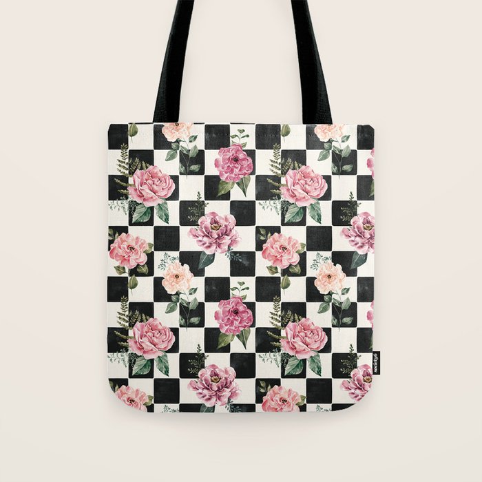 Moonlit Hollow Vintage Checkered Floral Tote Bag Gallery Image 1