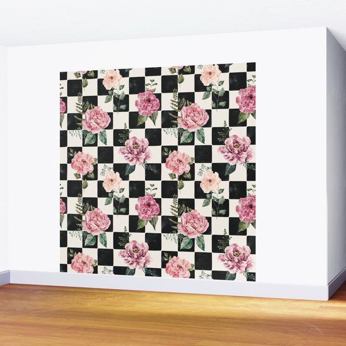 Moonlit Hollow Vintage Checkered Floral Wall Mural Gallery Image 2