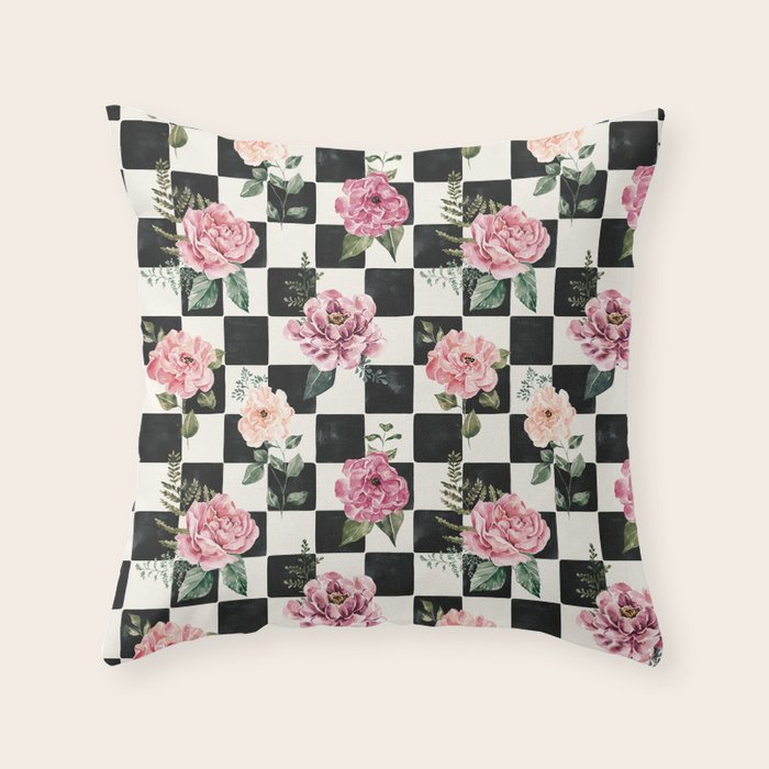 Moonlit Hollow Vintage Checkered Floral Throw Pillow Gallery Image 6