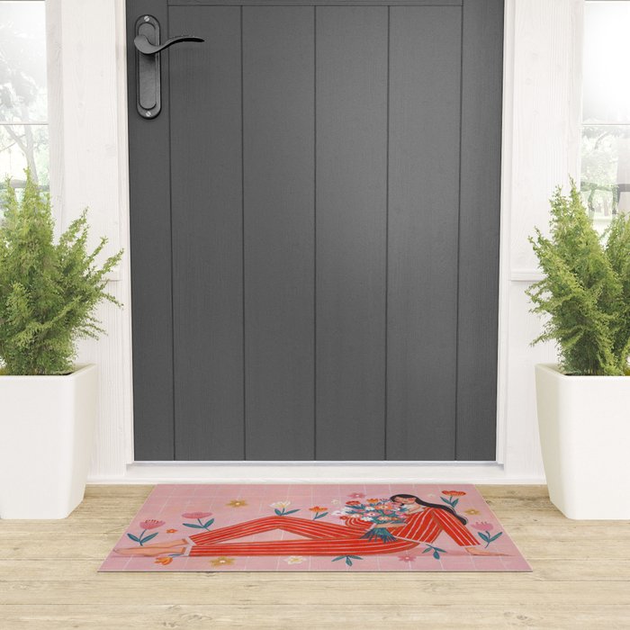 Modern Woman with Flowers Welcome Mat Gallery Image 3