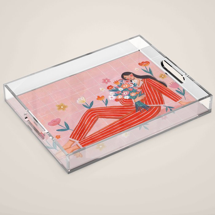 Modern Woman with Flowers Acrylic Tray Gallery Image 1