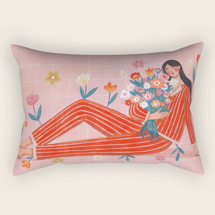 Modern Woman with Flowers Rectangular Pillow Gallery Image 1