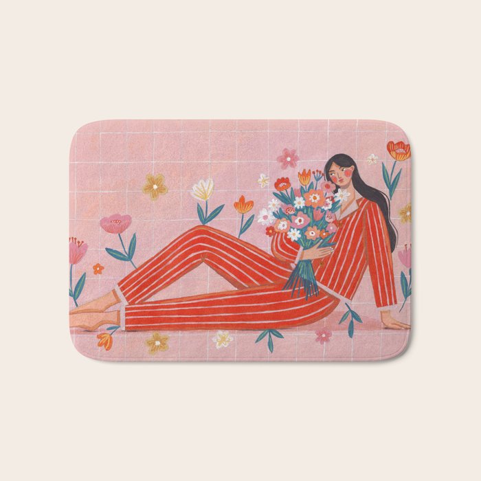 Modern Woman with Flowers Bath Mat Gallery Image 1