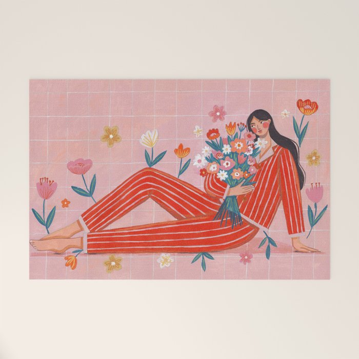 Modern Woman with Flowers Welcome Mat Gallery Image 1