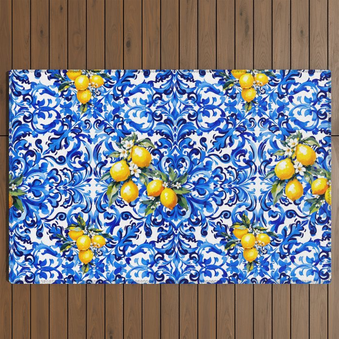 Blue Italian majolica baroque lemon art Outdoor Rug Gallery Image 2