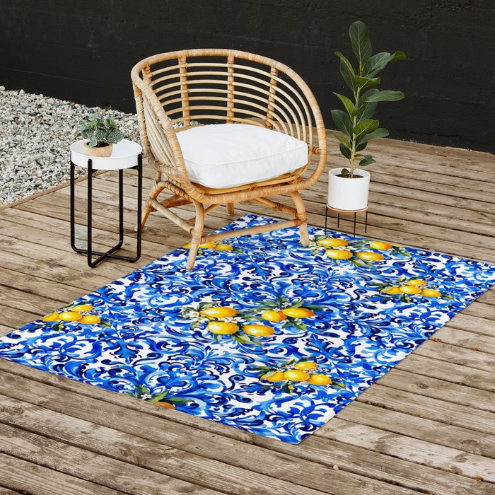 Blue Italian majolica baroque lemon art Outdoor Rug Gallery Image 2