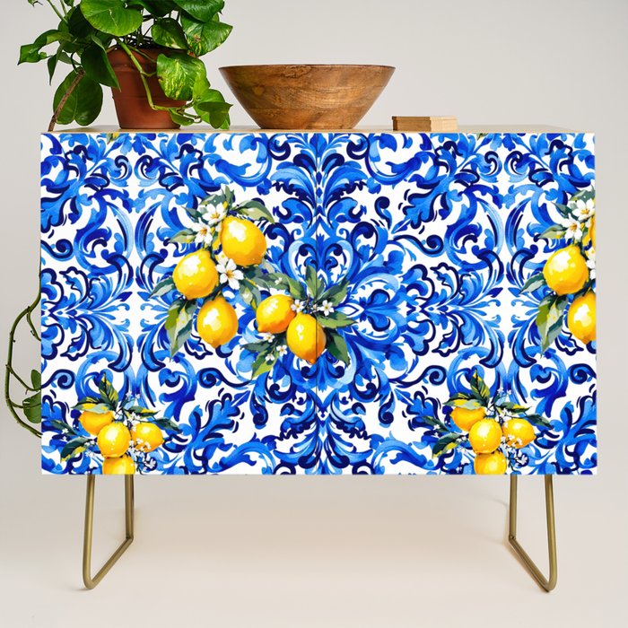 Blue Italian majolica baroque lemon art Credenza Gallery Image 1