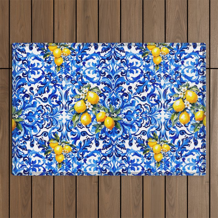 Blue Italian majolica baroque lemon art Outdoor Rug Gallery Image 1