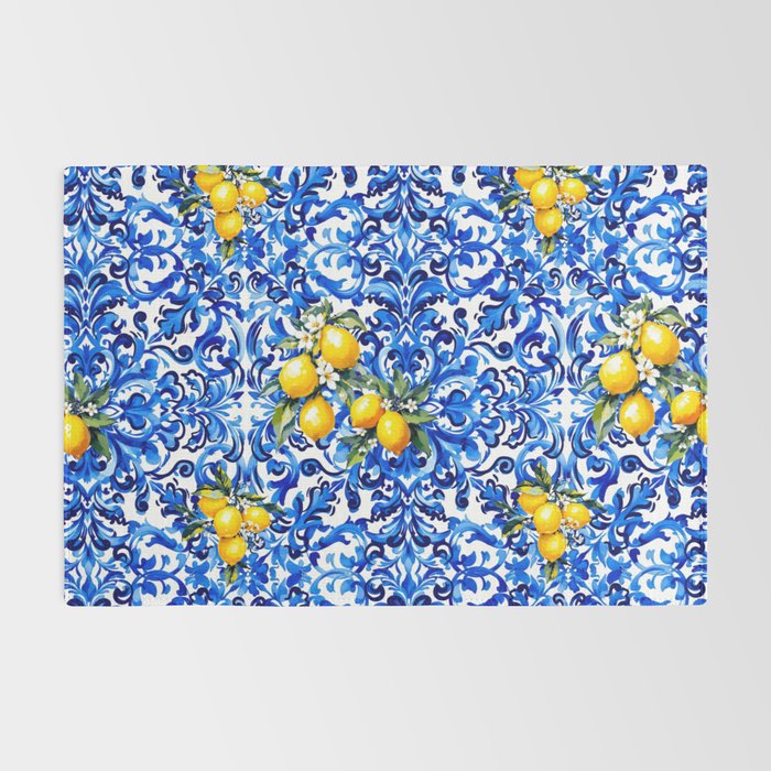 Blue Italian majolica baroque lemon art Rug Gallery Image 2