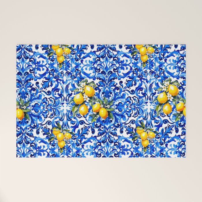 Blue Italian majolica baroque lemon art Welcome Mat Gallery Image 1
