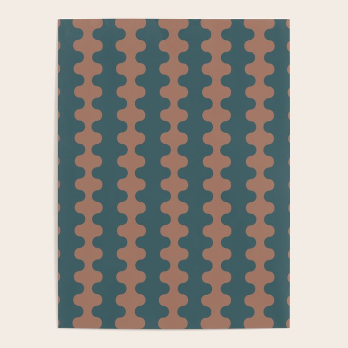 Wavy Stripes Mocha Brown and Dusty Teal Blue Ogee A-Go-Go Pattern Poster Gallery Image 1