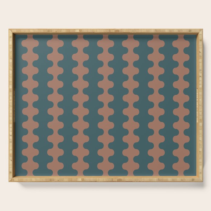 Wavy Stripes Mocha Brown and Dusty Teal Blue Ogee A-Go-Go Pattern Serving Tray Gallery Image 1