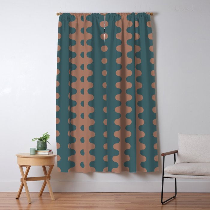 Wavy Stripes Mocha Brown and Dusty Teal Blue Ogee A-Go-Go Pattern Window Curtain Gallery Image 1
