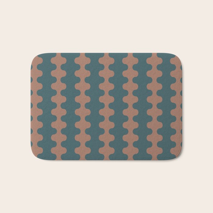 Wavy Stripes Mocha Brown and Dusty Teal Blue Ogee A-Go-Go Pattern Bath Mat Gallery Image 1