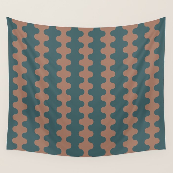 Wavy Stripes Mocha Brown and Dusty Teal Blue Ogee A-Go-Go Pattern Wall Tapestry Gallery Image 4