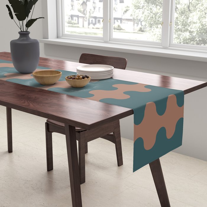 Wavy Stripes Mocha Brown and Dusty Teal Blue Ogee A-Go-Go Pattern Table Runner Gallery Image 2