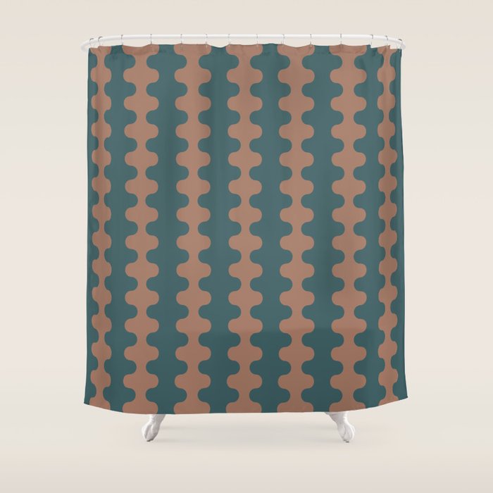 Wavy Stripes Mocha Brown and Dusty Teal Blue Ogee A-Go-Go Pattern Shower Curtain Gallery Image 1
