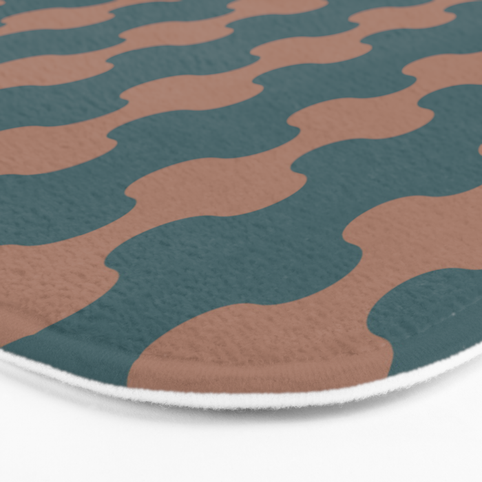 Wavy Stripes Mocha Brown and Dusty Teal Blue Ogee A-Go-Go Pattern Bath Mat Gallery Image 3
