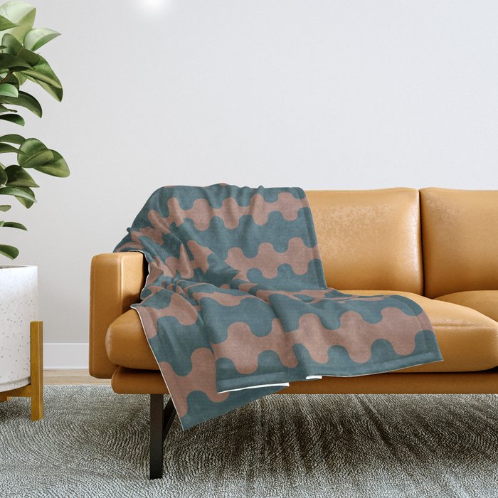 Wavy Stripes Mocha Brown and Dusty Teal Blue Ogee A-Go-Go Pattern Throw Blanket Gallery Image 1