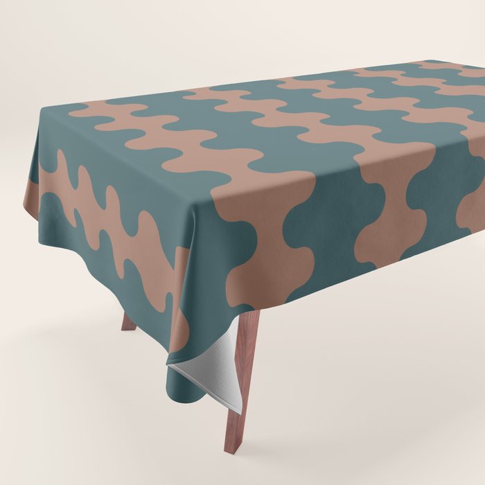 Wavy Stripes Mocha Brown and Dusty Teal Blue Ogee A-Go-Go Pattern Tablecloth Gallery Image 1