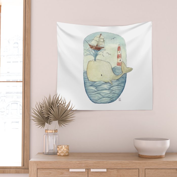 Cute Whale in the Sea Wall Tapestry Gallery Image 2
