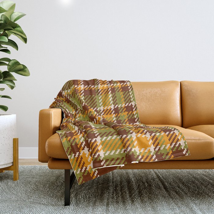 Retro 70s autumn tartan brown moss green mustard yellow pattern Throw Blanket Gallery Image 1