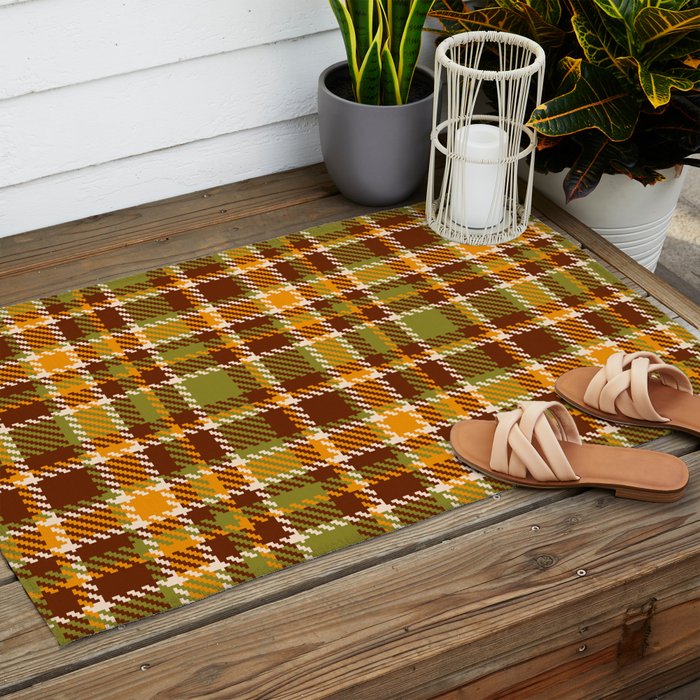 Retro 70s autumn tartan brown moss green mustard yellow pattern Outdoor Rug Gallery Image 2