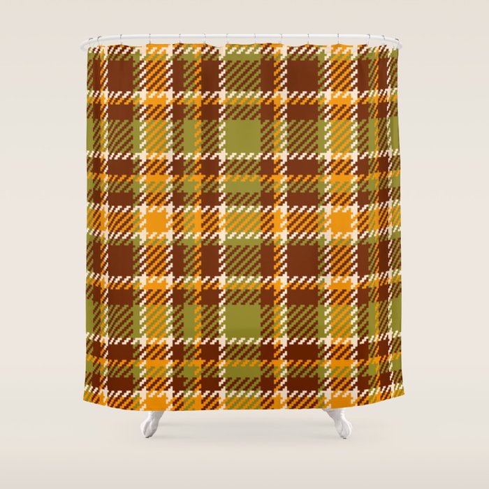 Retro 70s autumn tartan brown moss green mustard yellow pattern Shower Curtain Gallery Image 1