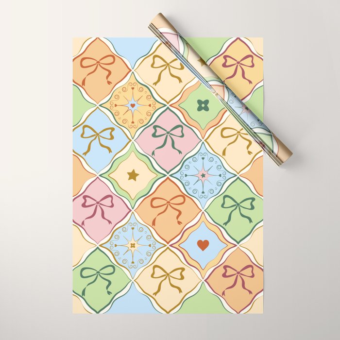 Coquette Ribbon Bows on Colorful Patchwork Wrapping Paper Gallery Image 1
