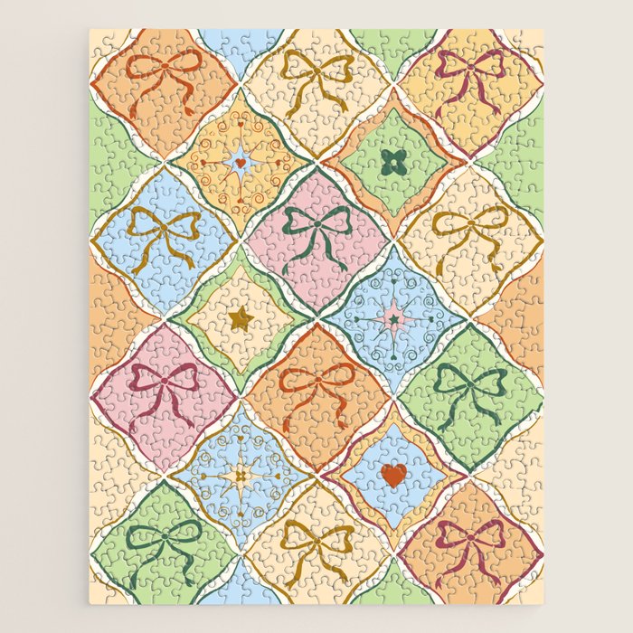 Coquette Ribbon Bows on Colorful Patchwork Jigsaw Puzzle Gallery Image 1
